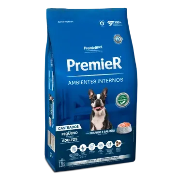 Racao Premier Ambientes Internos Caes Castrados Adultos Frango e Salmao 12kg lateral